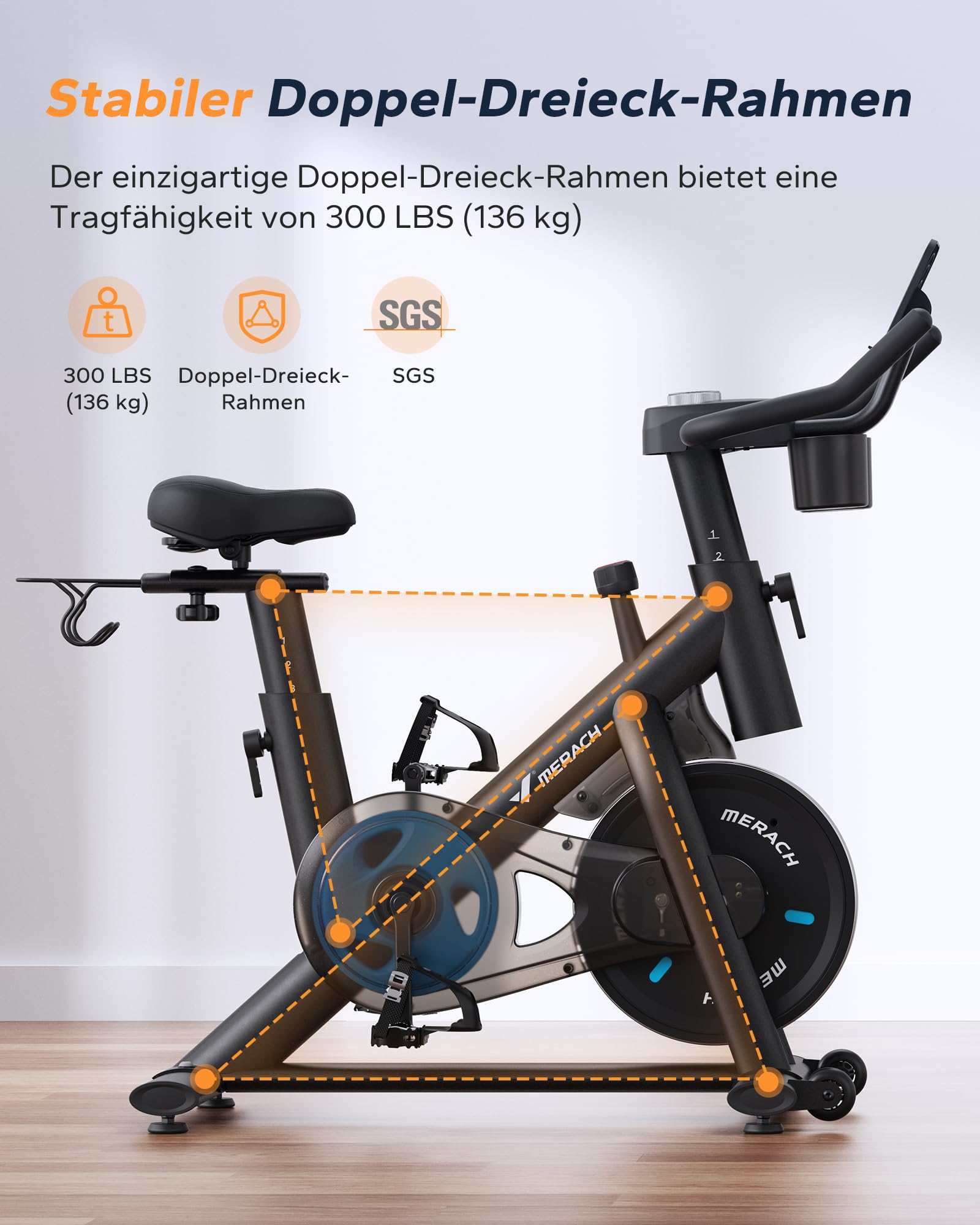 MERACH Heimtrainer Fahrrad mit Magnetischem Widerstand, Leises Bremsbelag/Hometrainer Fahrrad mit Verbessertem LCD-Monitor, Indoor Cycling Bike mit Hantelrack, Tablet-Halter, Eigener App, Bis 136KG